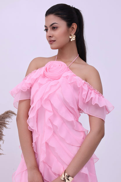 Blush Pink Off-Shoulder Ruffle Dress