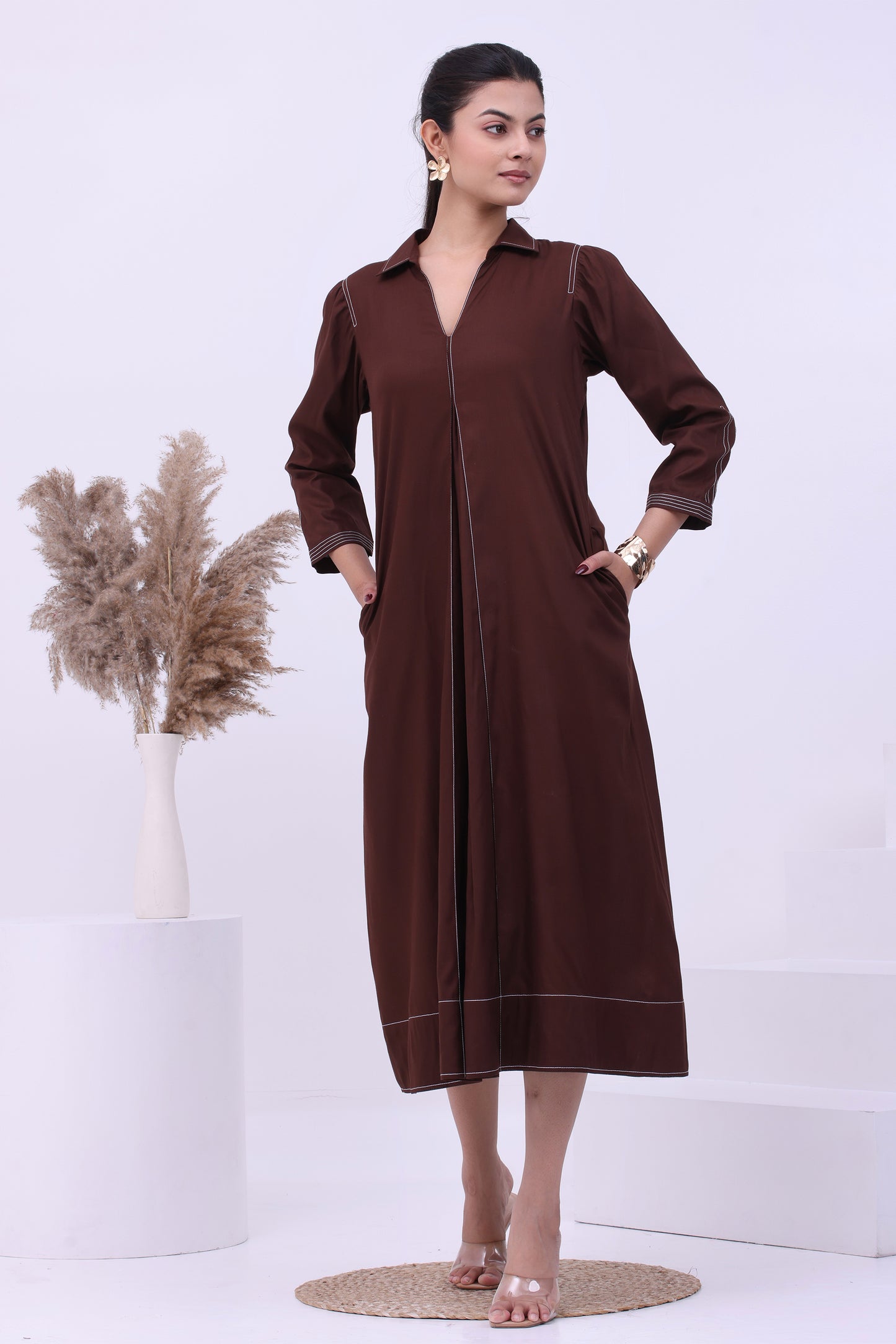 Mocha Line Shirt Dress