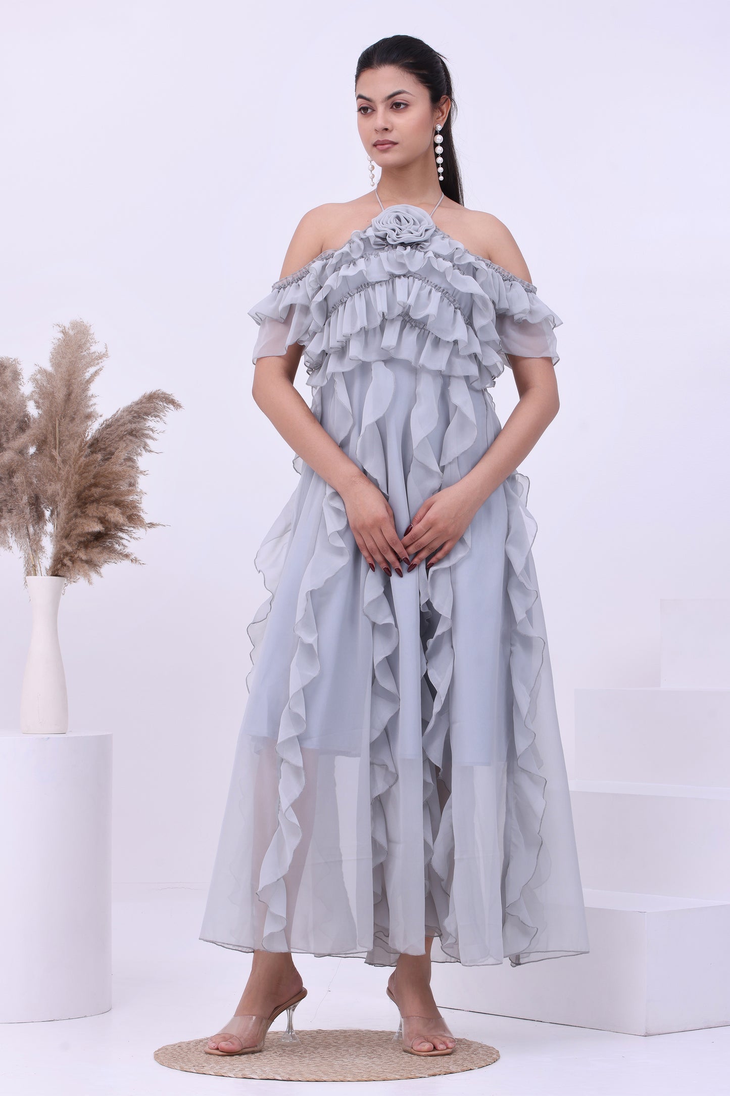 Frost Petal Ruffle Off-Shoulder Boho Maxi Dress