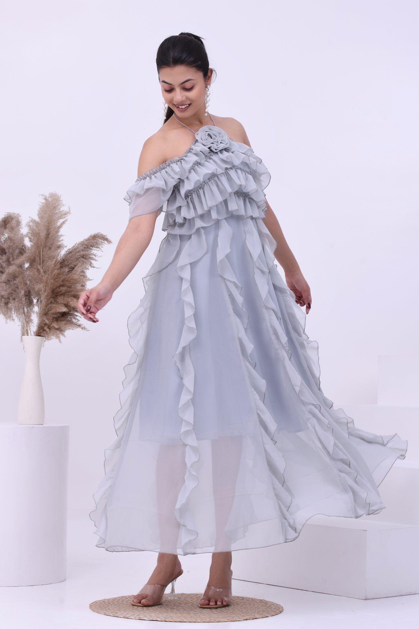 Frost Petal Ruffle Off-Shoulder Boho Maxi Dress