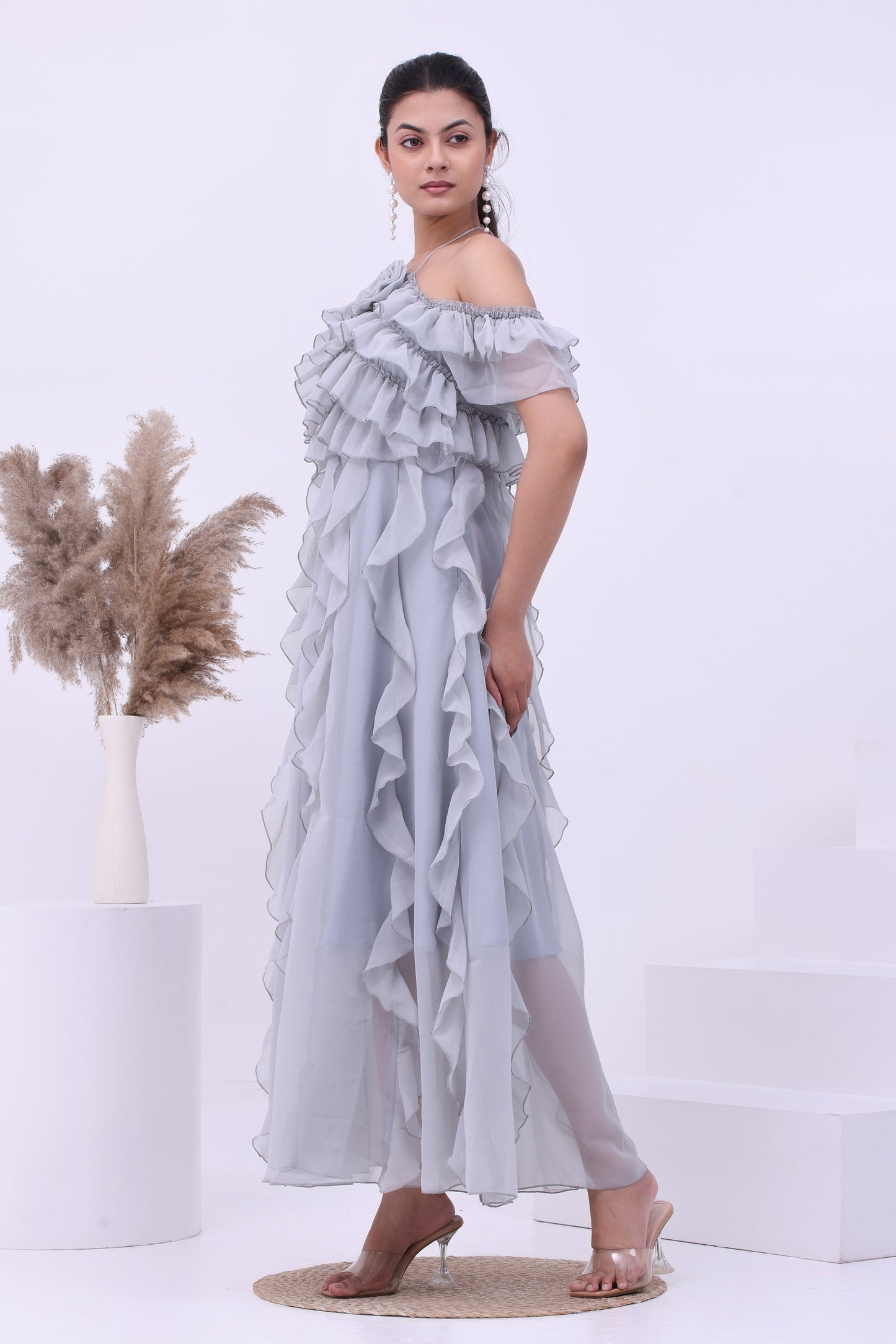 Frost Petal Ruffle Off-Shoulder Boho Maxi Dress