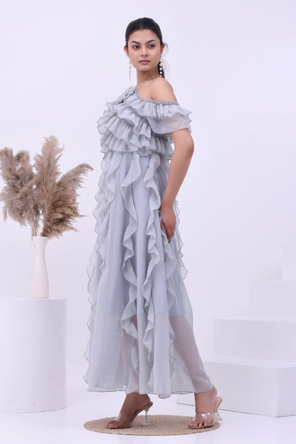 Frost Petal Ruffle Off-Shoulder Boho Maxi Dress