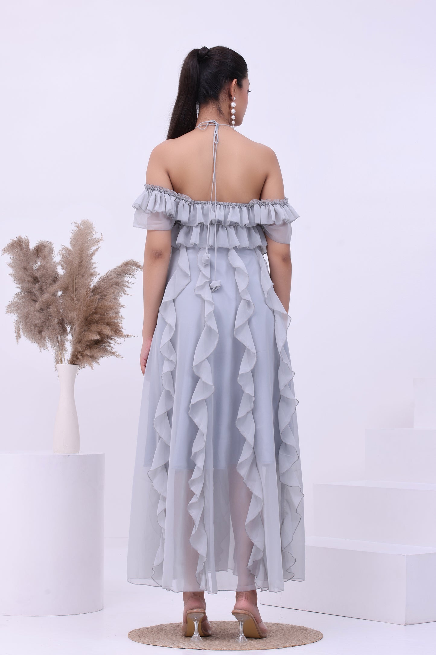Frost Petal Ruffle Off-Shoulder Boho Maxi Dress