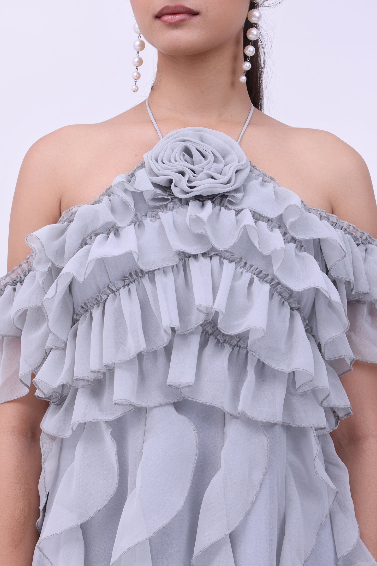 Frost Petal Ruffle Off-Shoulder Boho Maxi Dress