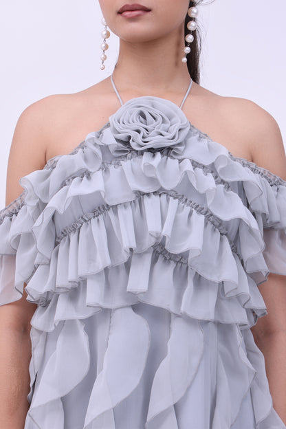 Frost Petal Ruffle Off-Shoulder Boho Maxi Dress