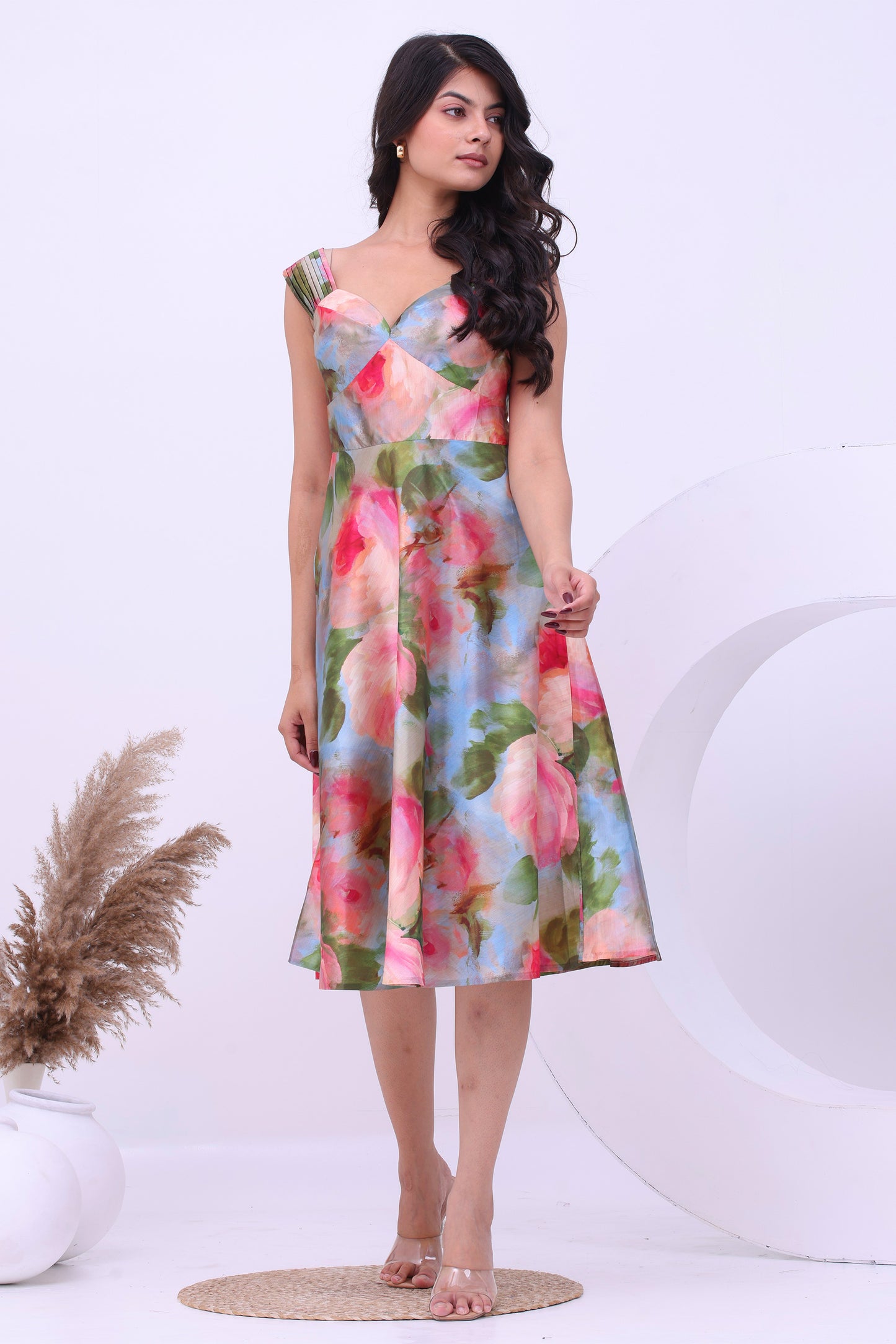 Vintage Rose Garden Mango Silk Midi Dress