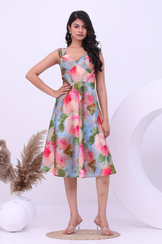 Vintage Rose Garden Mango Silk Midi Dress