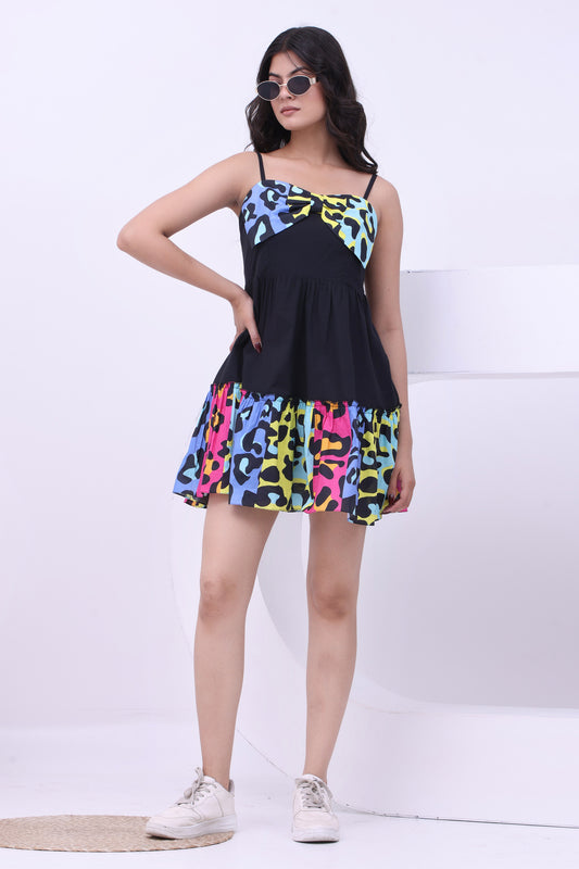 Leopard Bow Charm A-line Sleeveless Tier Dress