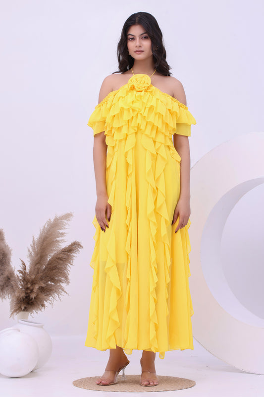 Marigold Ruffle Off-Shoulder Boho Maxi Dress
