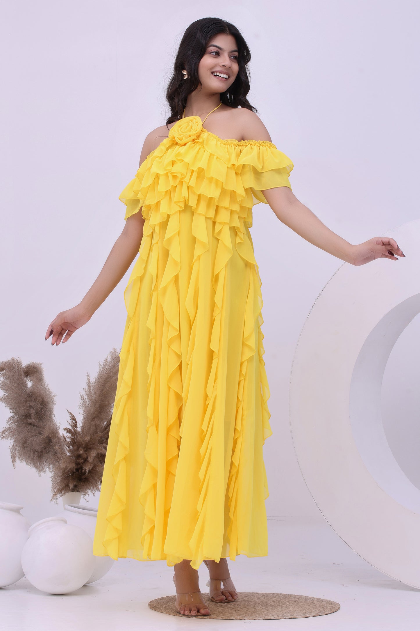 Marigold Ruffle Off-Shoulder Boho Maxi Dress