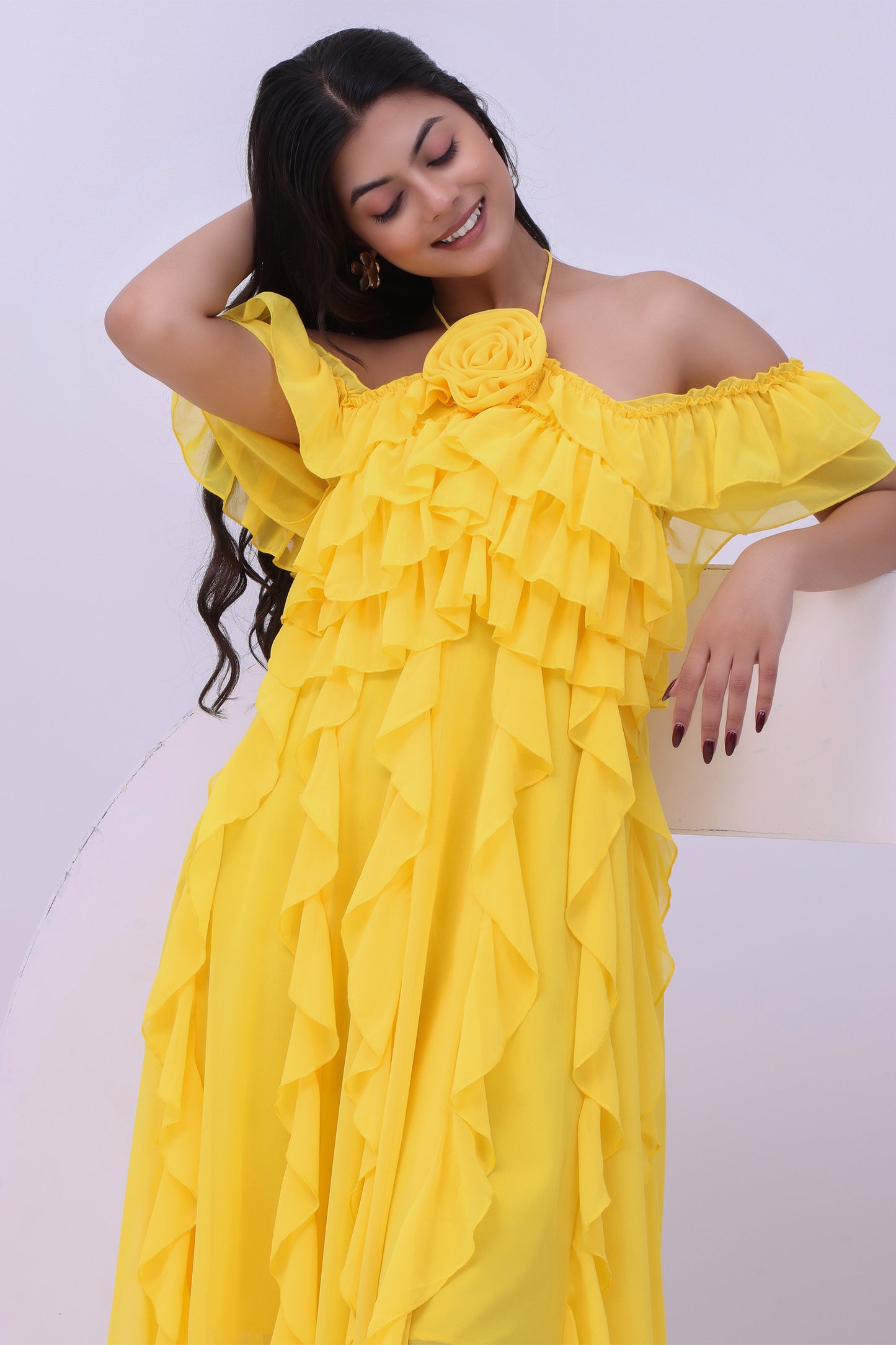 Marigold Ruffle Off-Shoulder Boho Maxi Dress