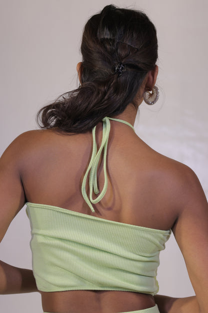 Lime Rib Knit Halter Neck Tie Up Top