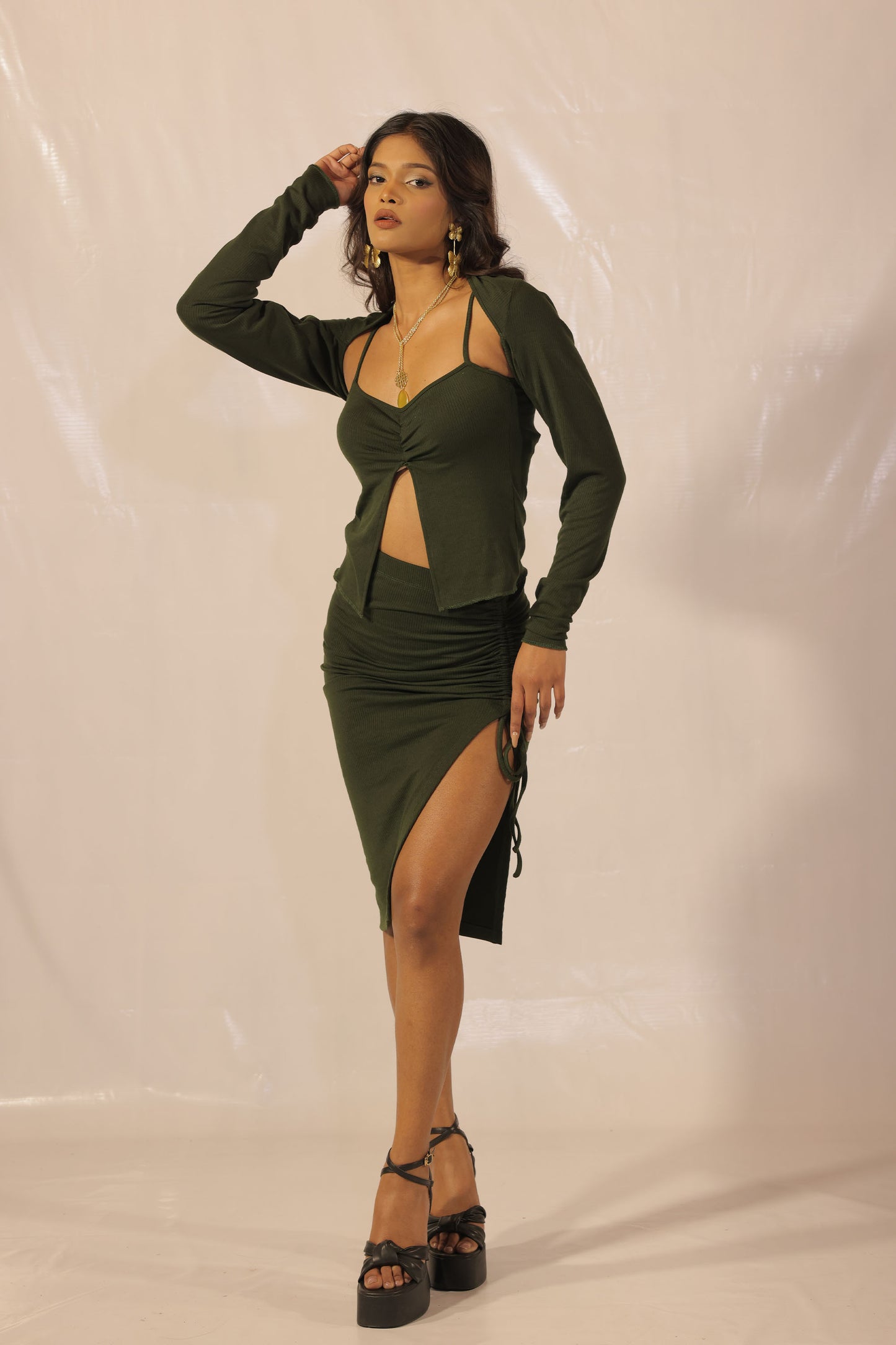 Forest Green Rib Knit Ruched Pencil Skirt With Slit