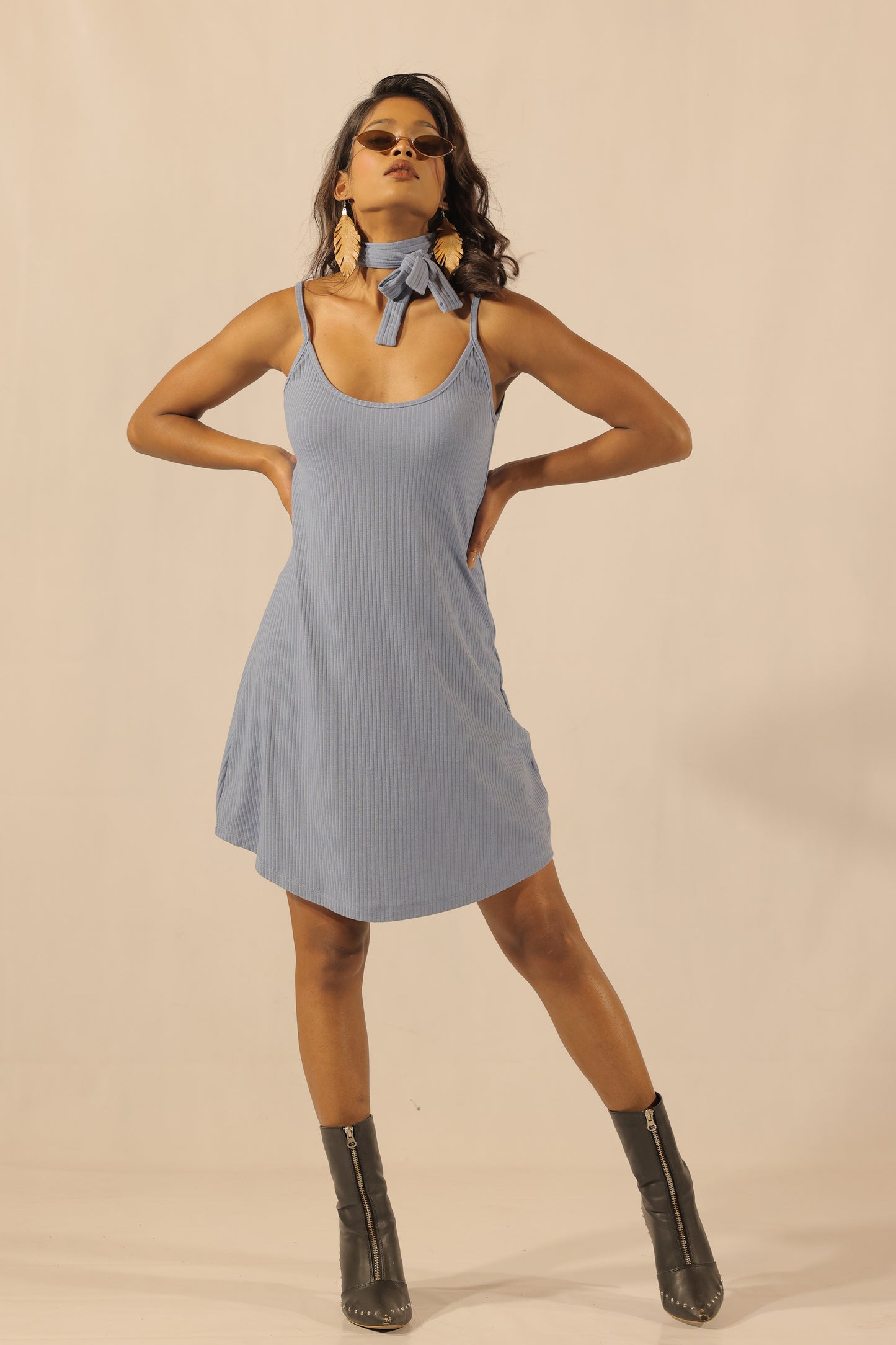 Babe Blue Rib Knit A Line Dress With Scarf
