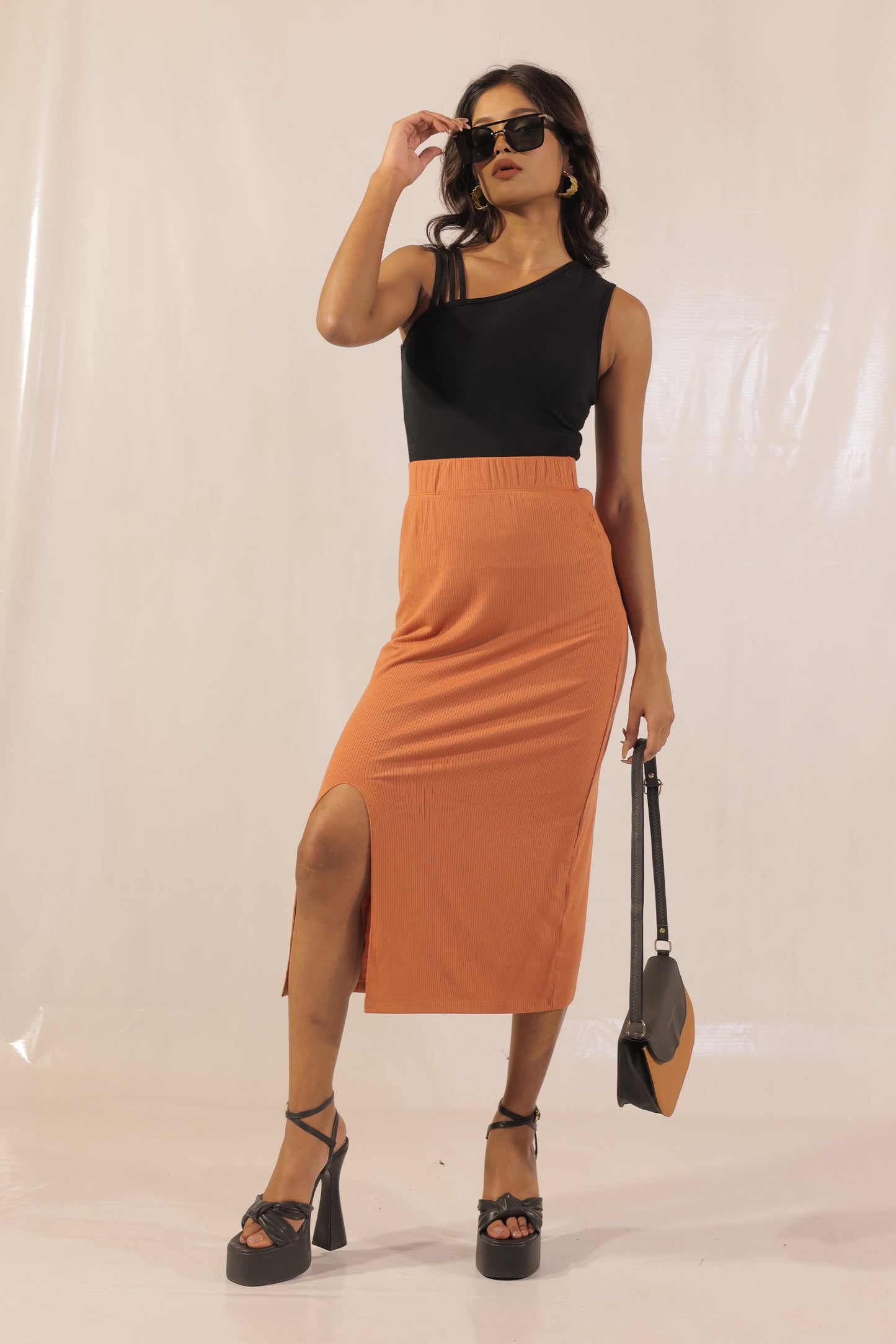 Sienna Slit Pencil Rib Knit Midi Skirt