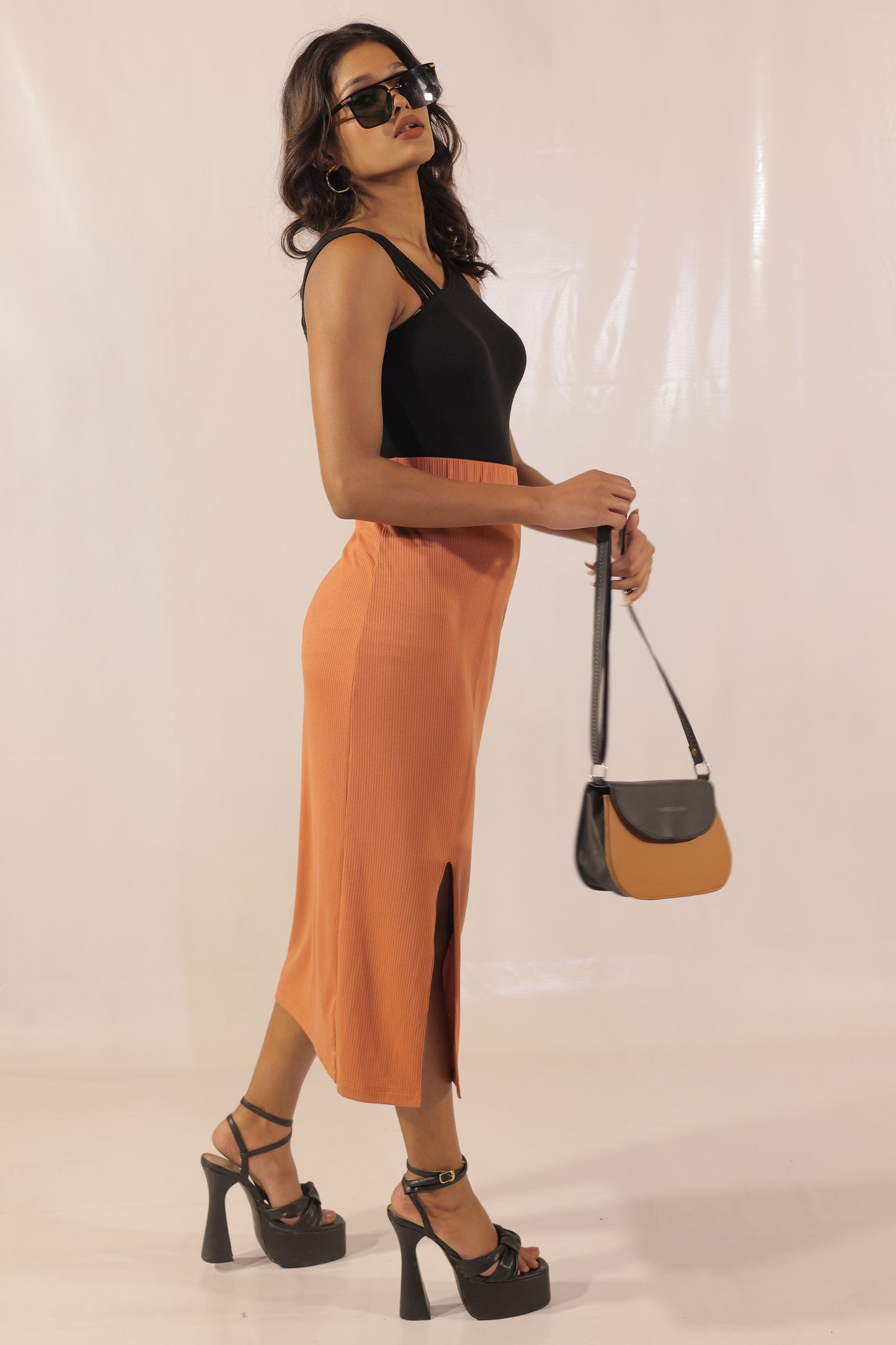 Sienna Slit Pencil Rib Knit Midi Skirt