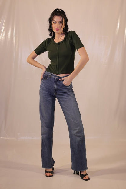 Forest Green Rib Knit Front Zip Top