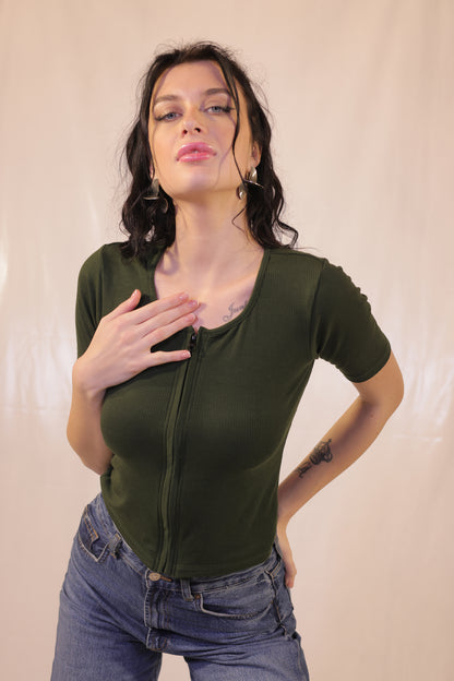 Forest Green Rib Knit Front Zip Top