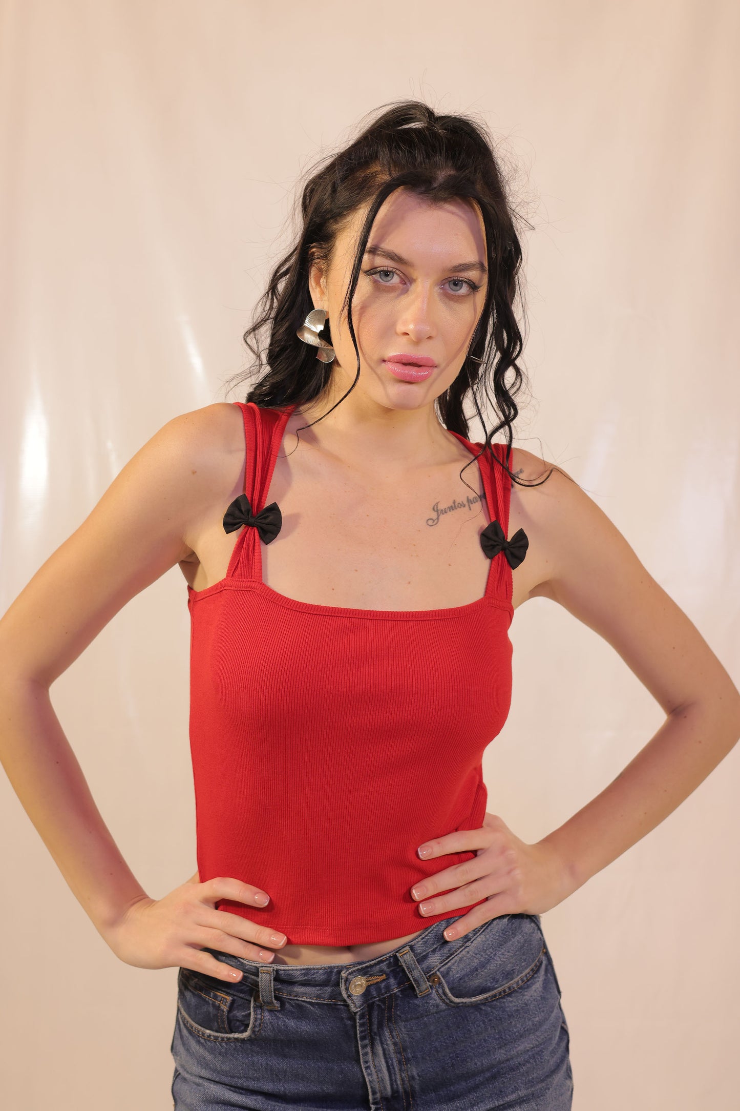 Candy Red Rib Knit Cami Top With Black Bow