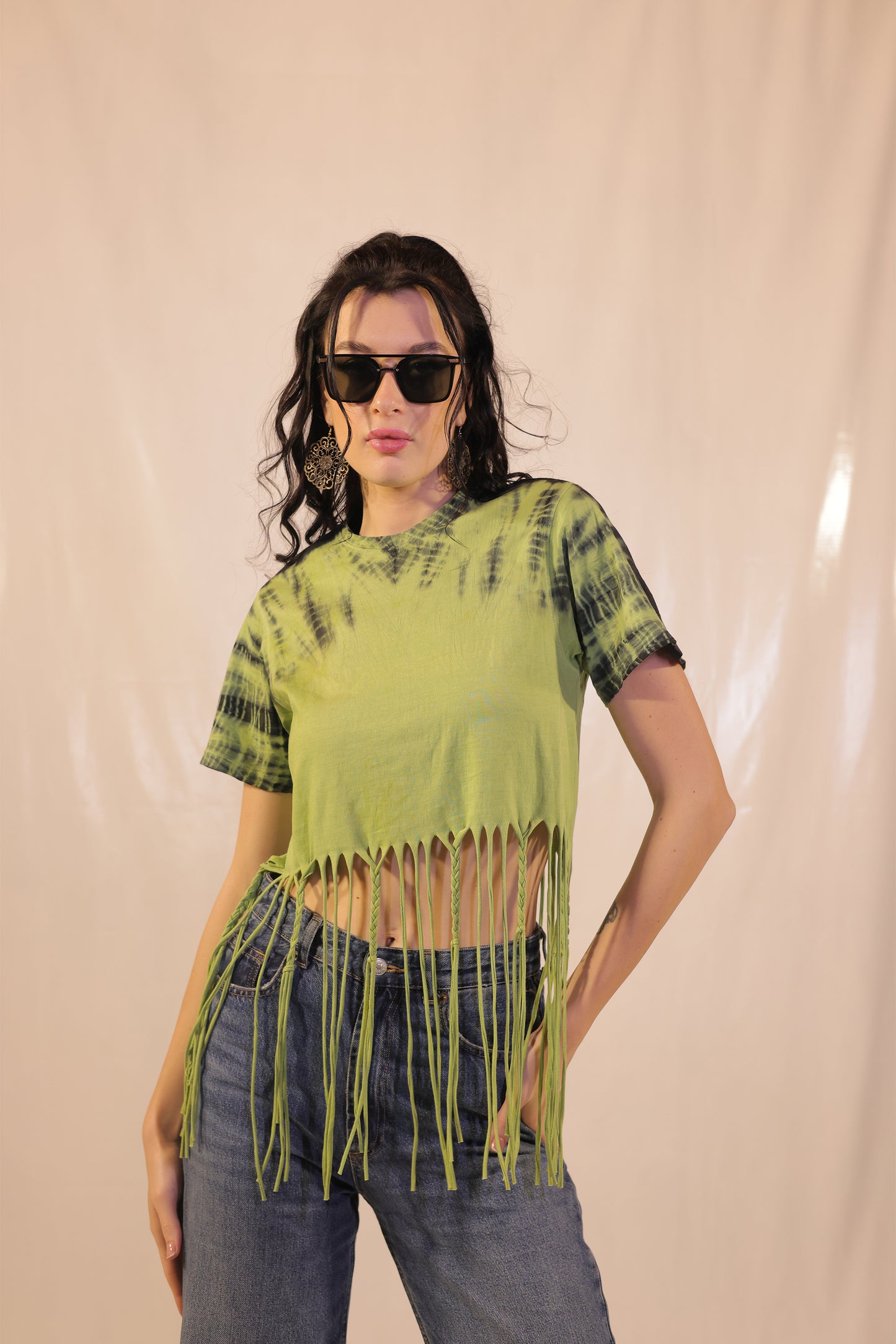 Tie And Dye Crop Top With Braided Tassels