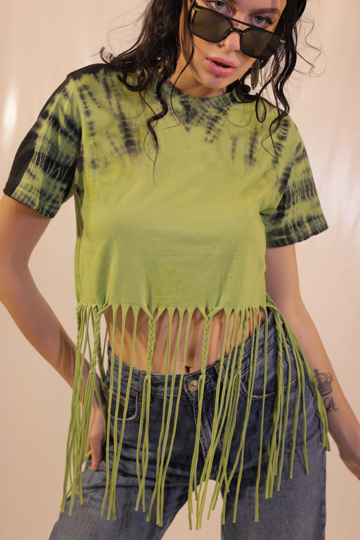 Tie And Dye Crop Top With Braided Tassels