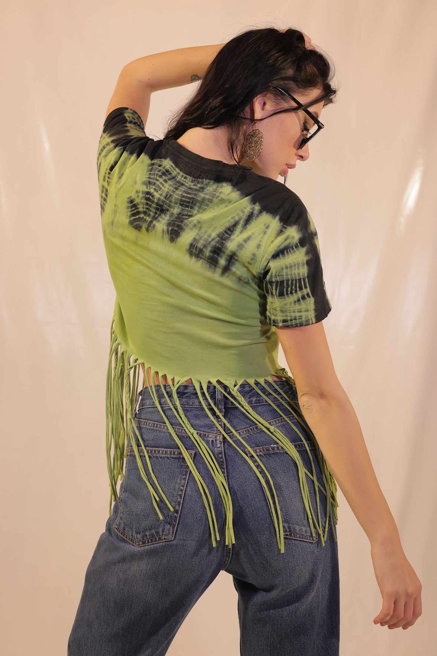 Tie And Dye Crop Top With Braided Tassels