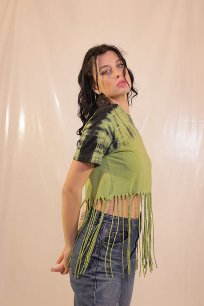 Tie And Dye Crop Top With Braided Tassels