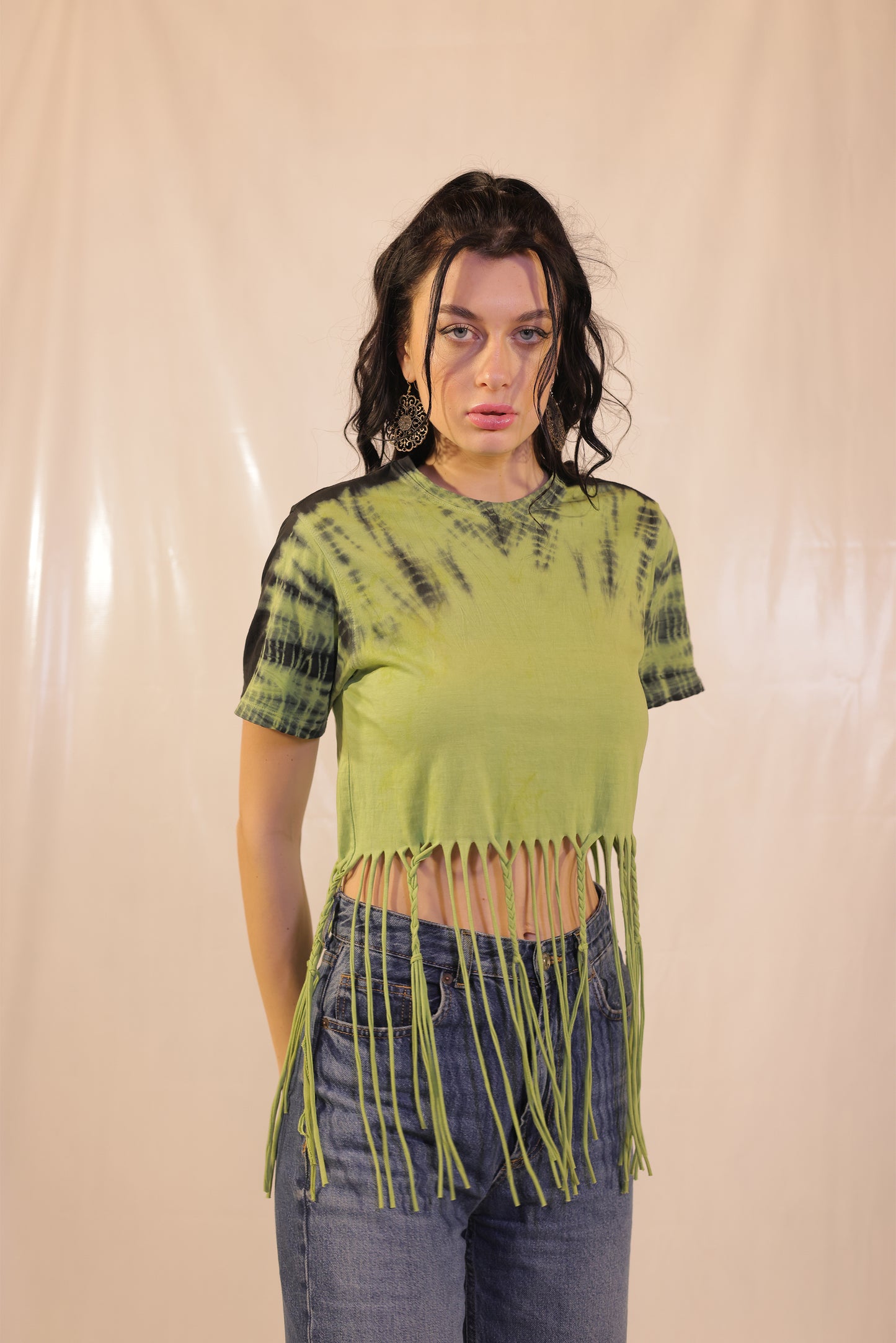 Tie And Dye Crop Top With Braided Tassels