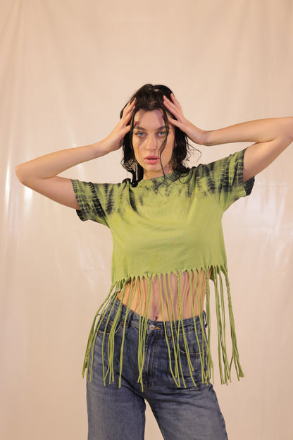 Tie And Dye Crop Top With Braided Tassels