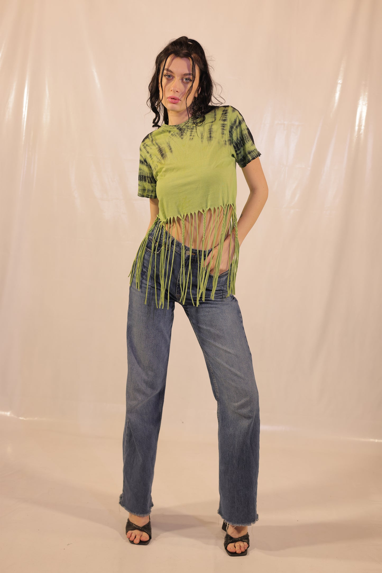 Tie And Dye Crop Top With Braided Tassels