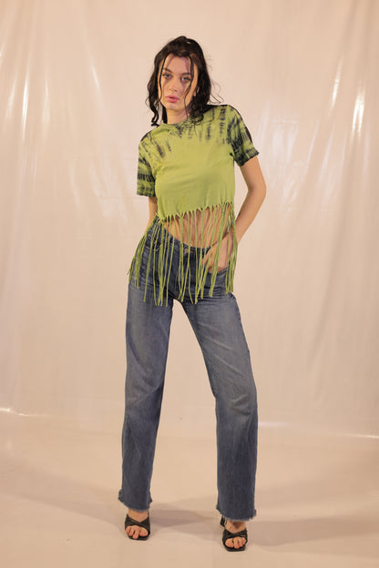 Tie And Dye Crop Top With Braided Tassels