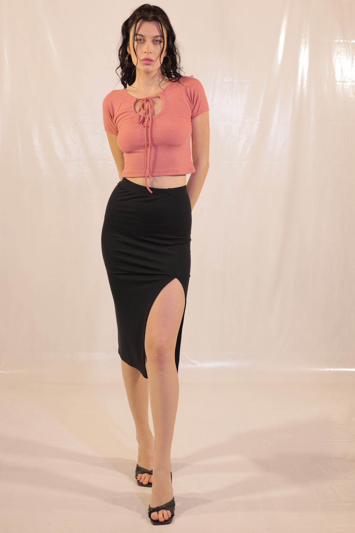 Black Rib Knit High Slit Pencil Skirt