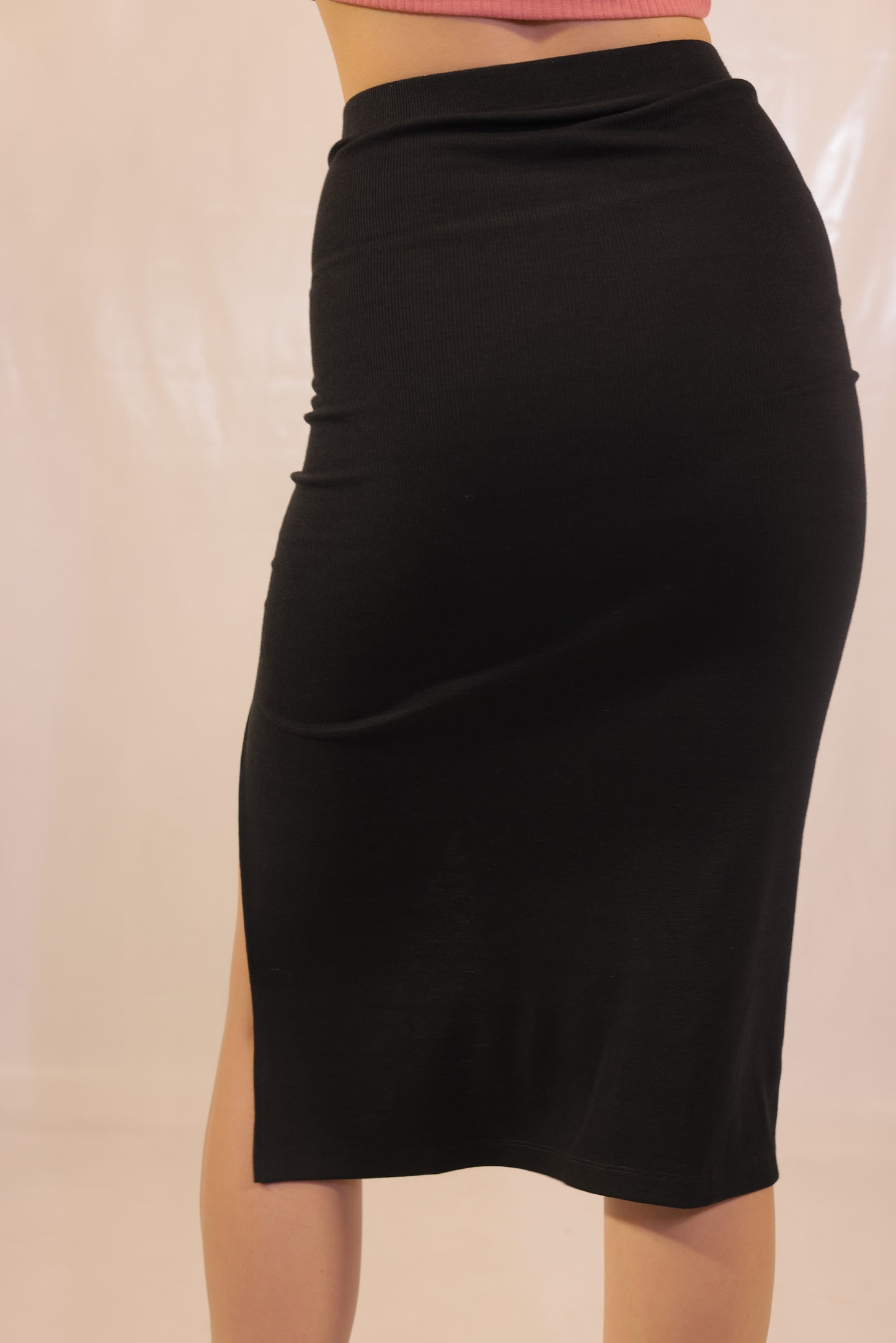 Black Rib Knit High Slit Pencil Skirt