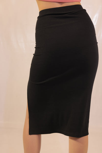Black Rib Knit High Slit Pencil Skirt