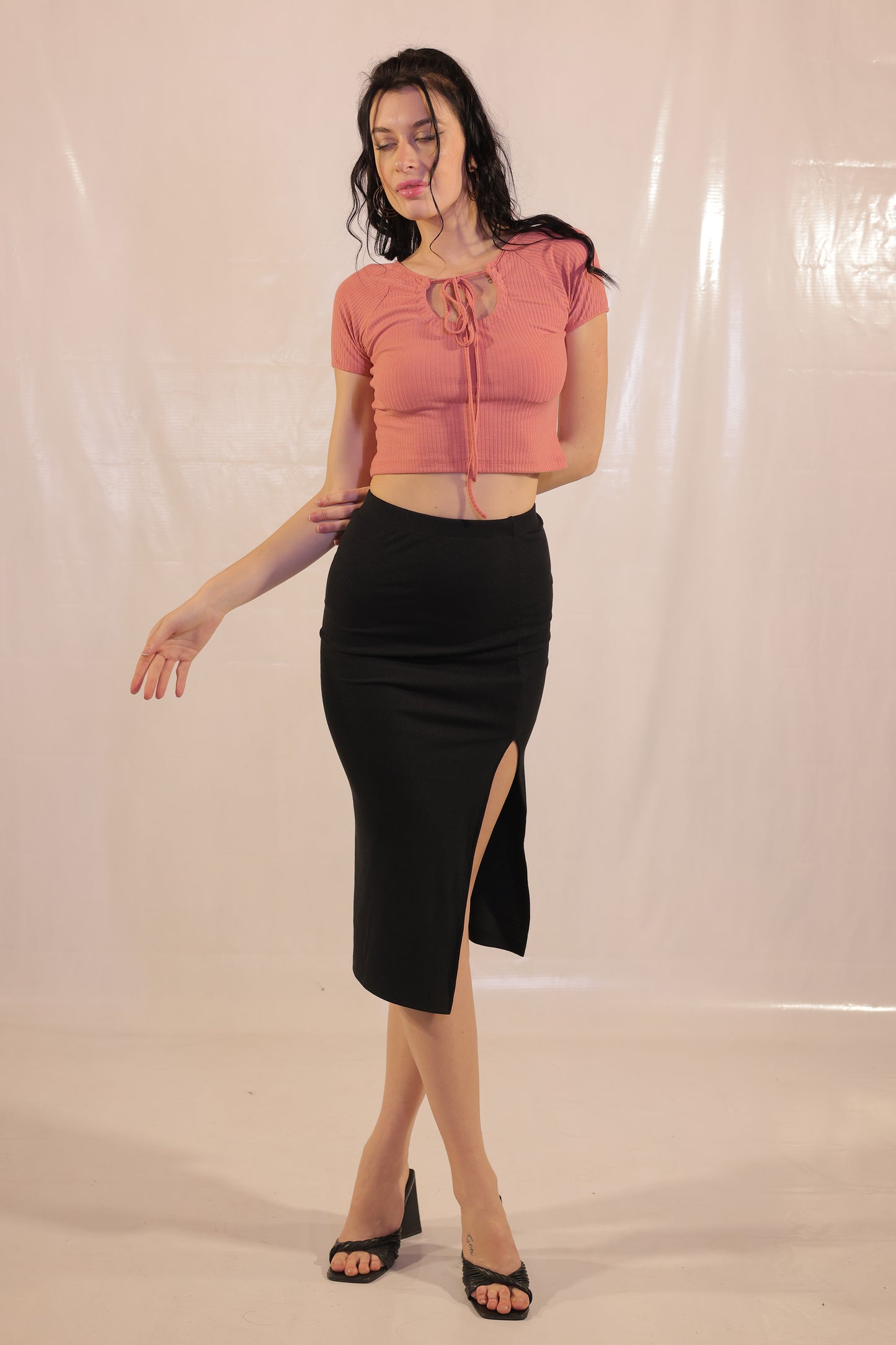 Black Rib Knit High Slit Pencil Skirt