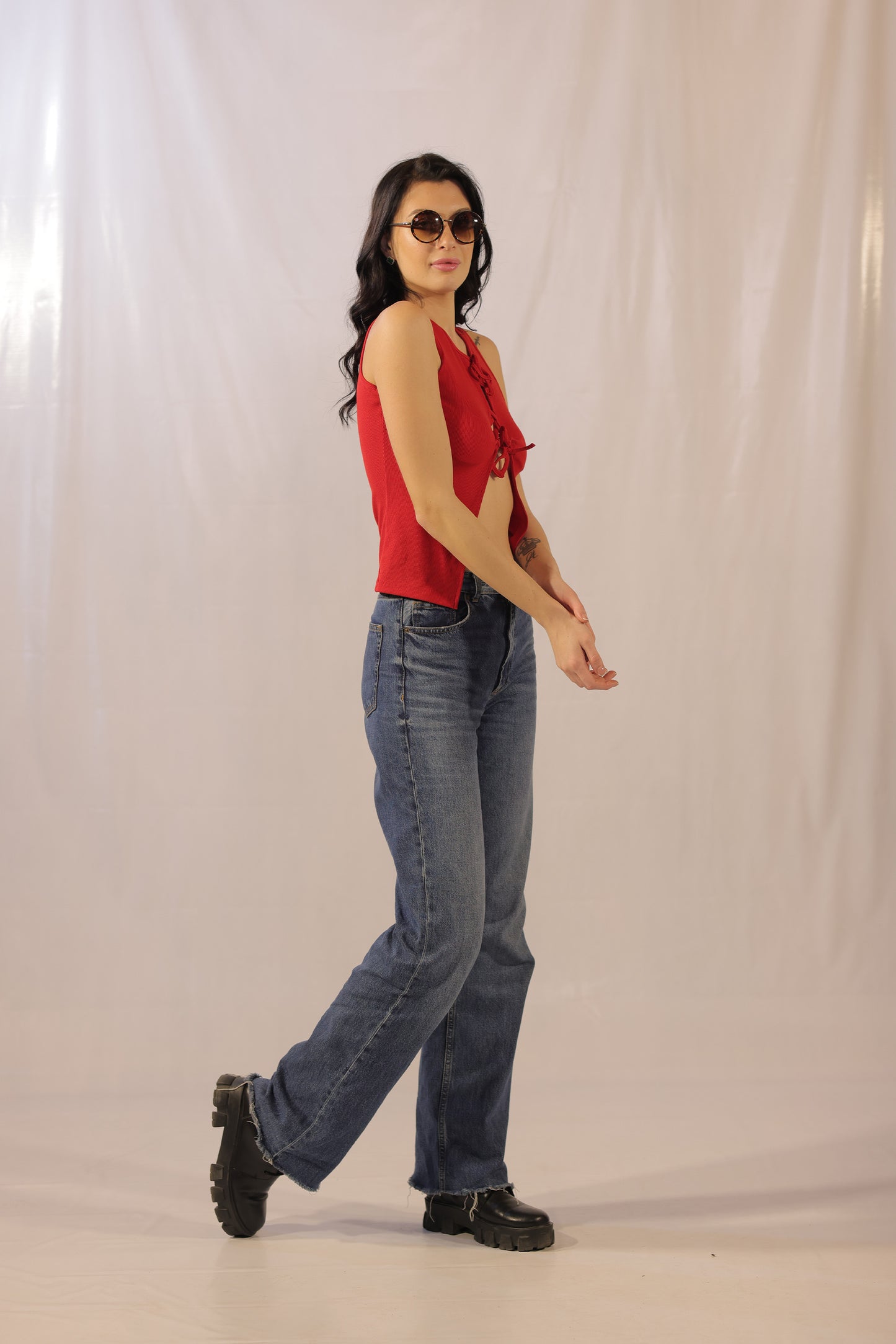 Candy Red Rib Knit Front Tie Up Top