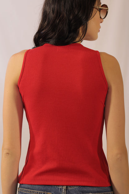 Candy Red Rib Knit Front Tie Up Top