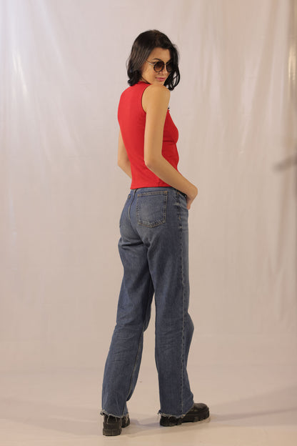 Candy Red Rib Knit Front Tie Up Top