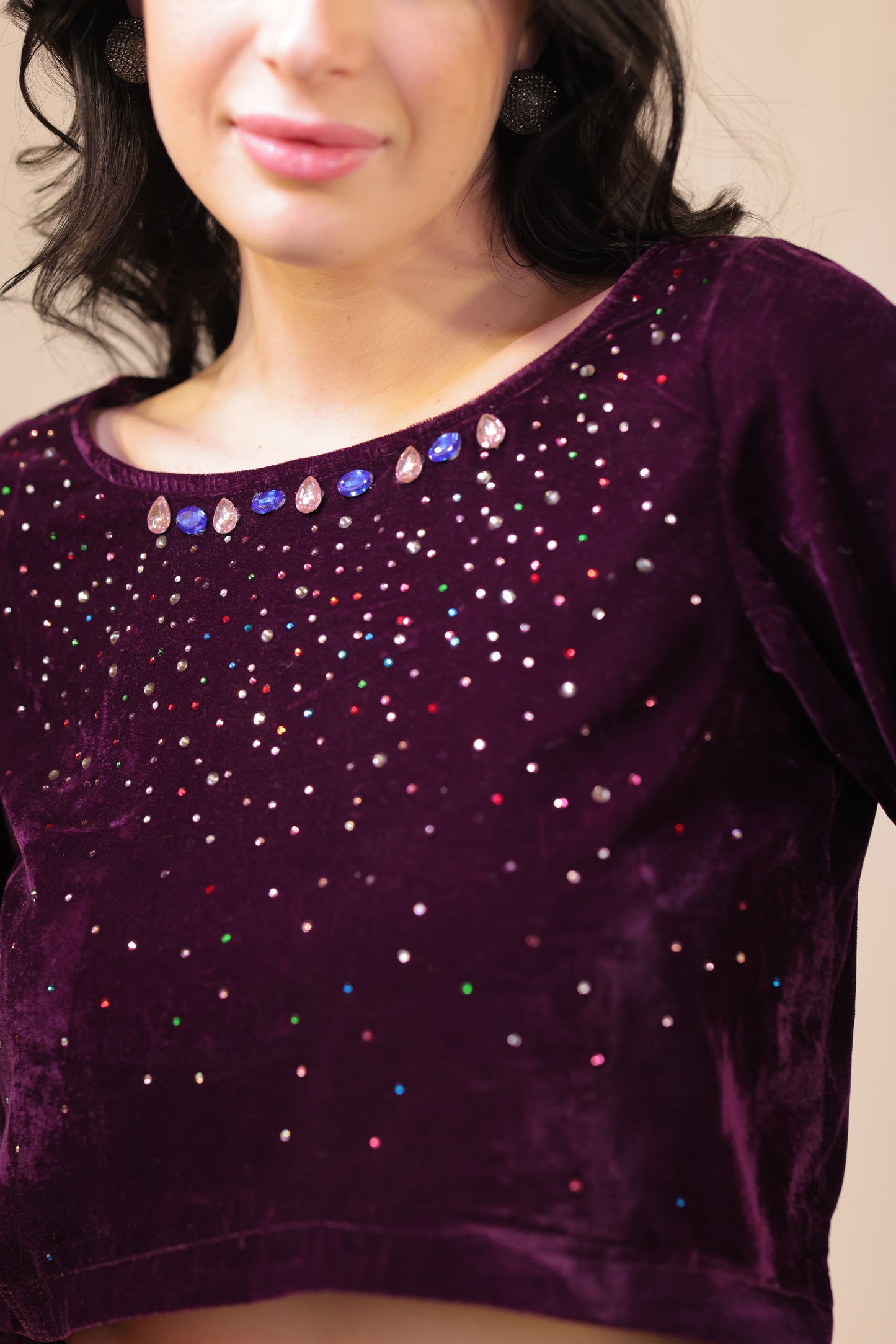 Witchy Violet Velvet Crop Top With Rhinestone Embellishments