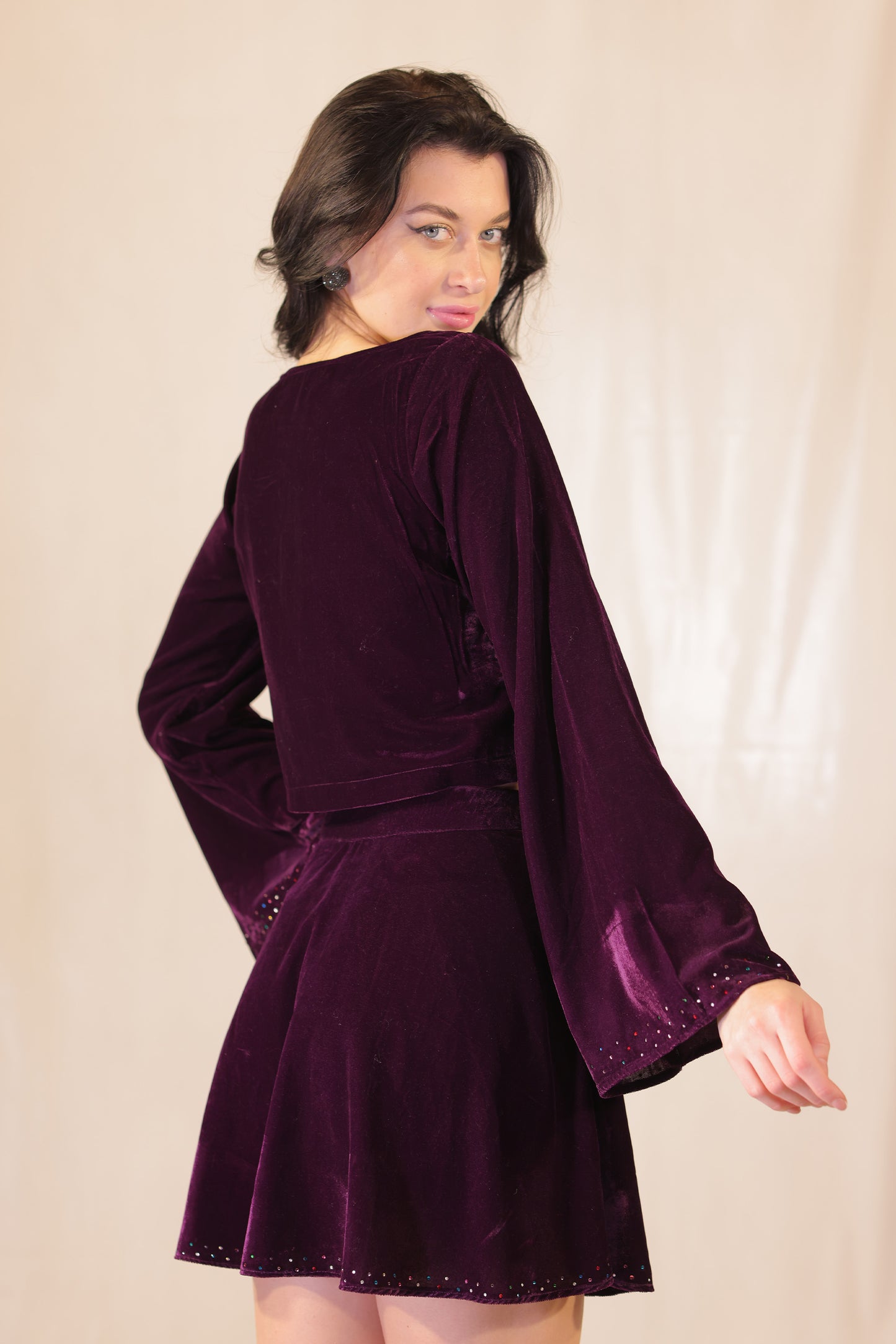 Witchy Violet Velvet Crop Top With Rhinestone Embellishments