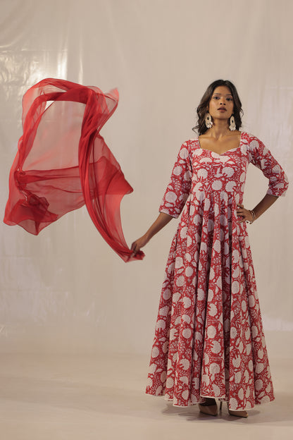 Maroon Sanganeri Kalidaar Handblock Kurta