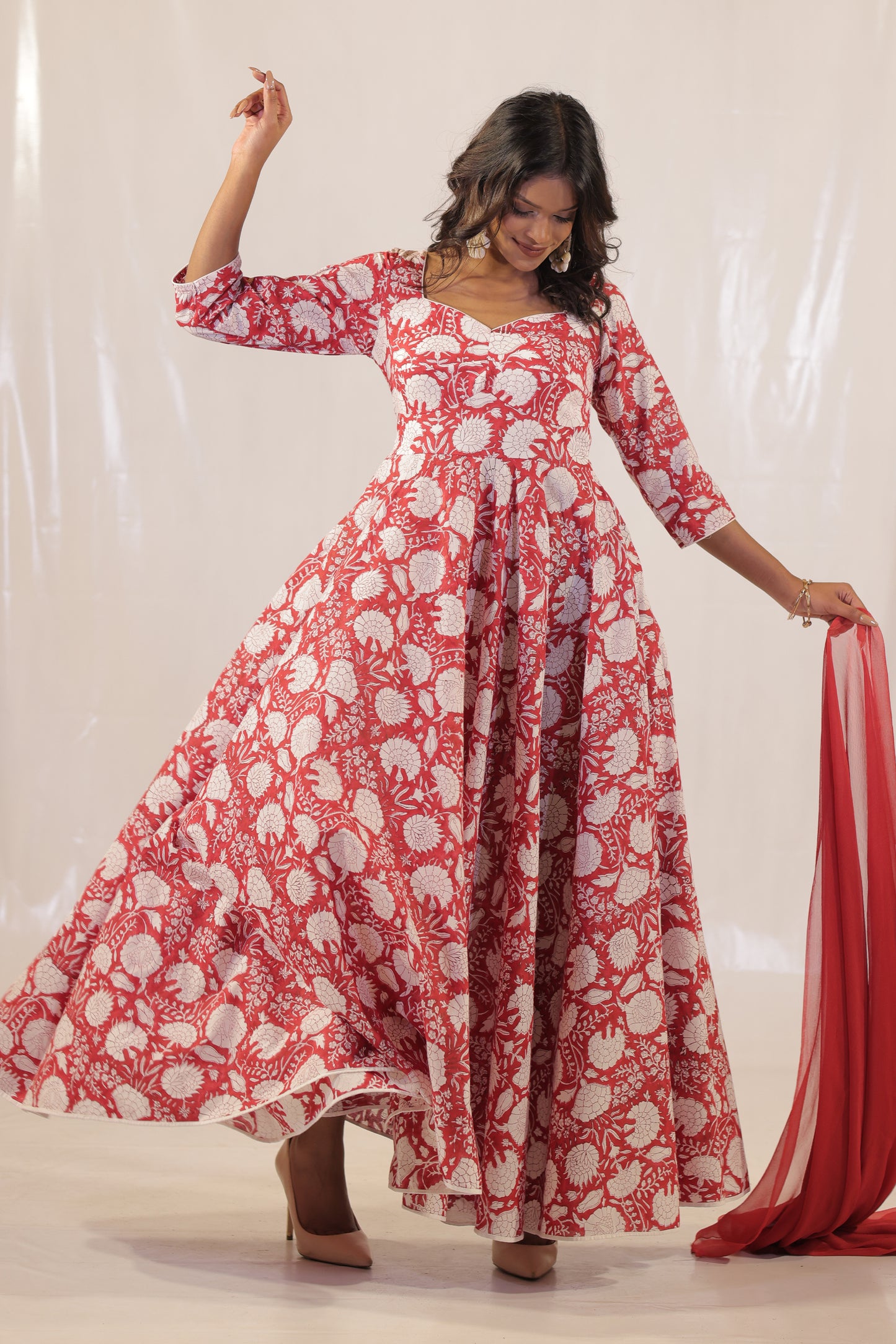 Maroon Sanganeri Kalidaar Handblock Kurta