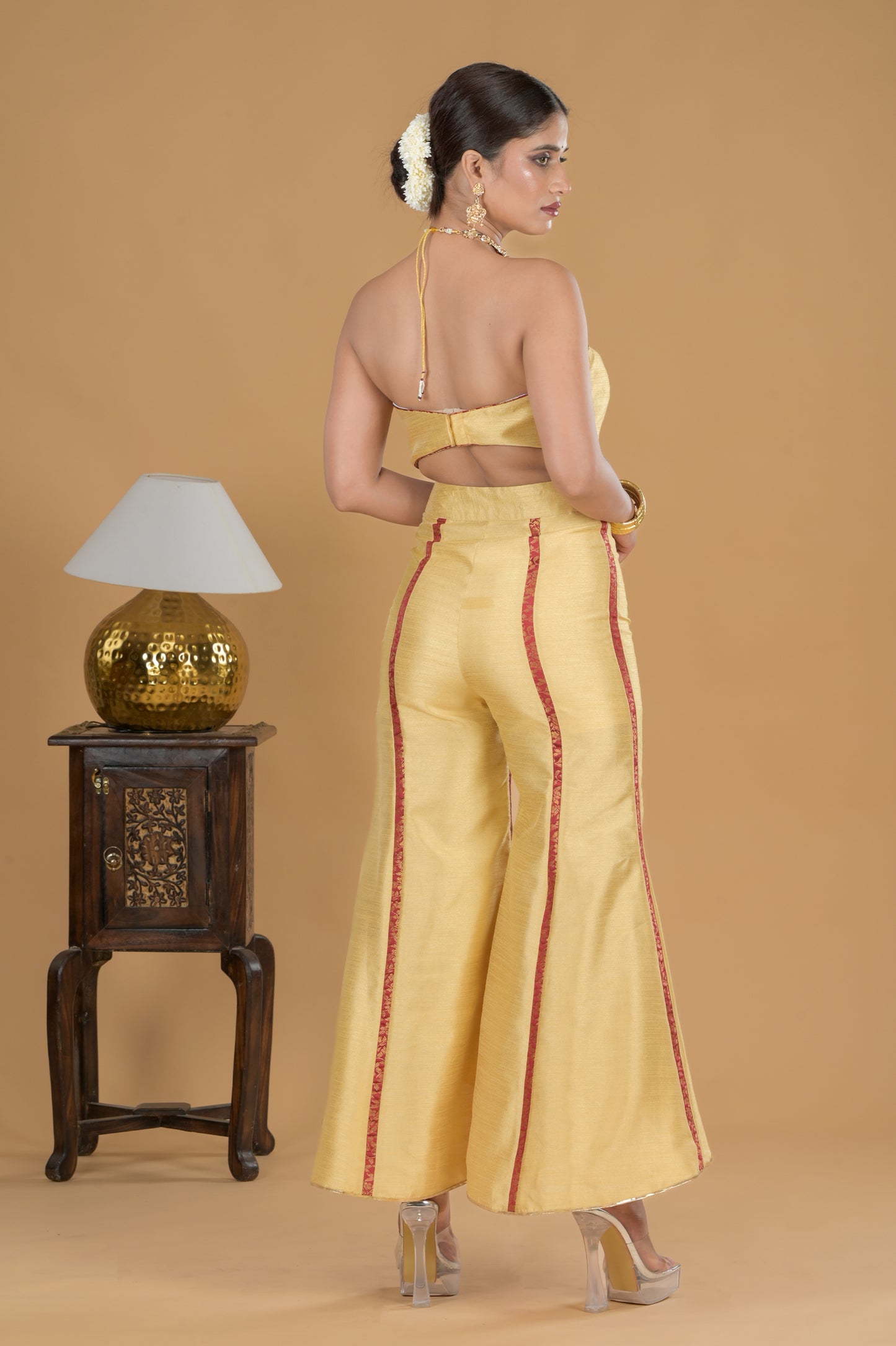 Golden Ethnic Co-ord Set With Tissue Jacket