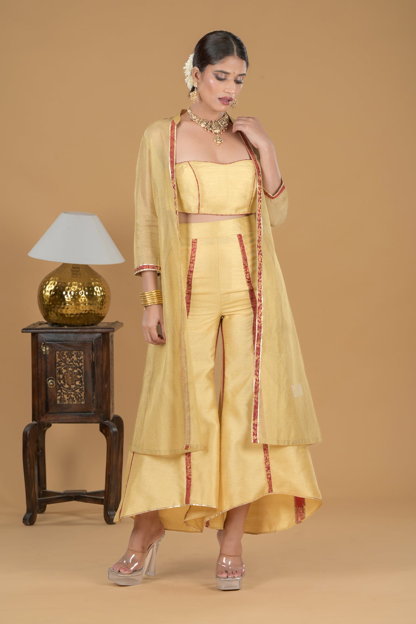 Golden Ethnic Co-ord Set With Tissue Jacket