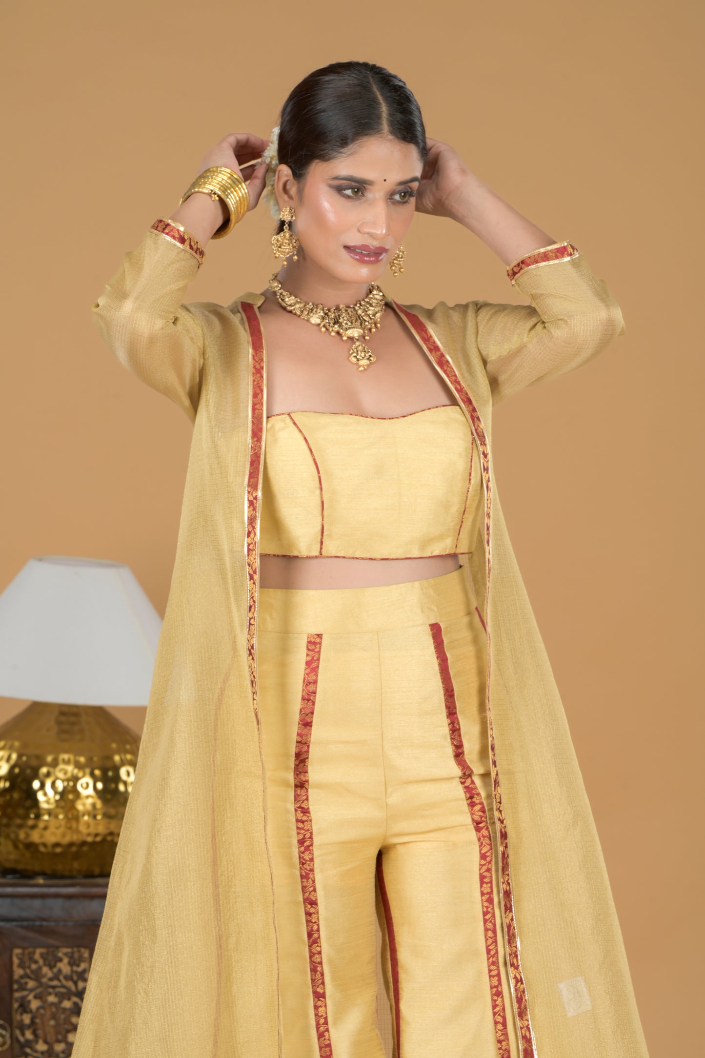 Golden Ethnic Co-ord Set With Tissue Jacket