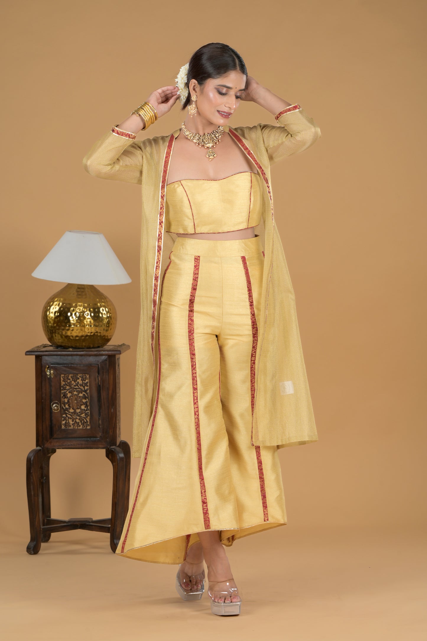 Golden Ethnic Co-ord Set With Tissue Jacket