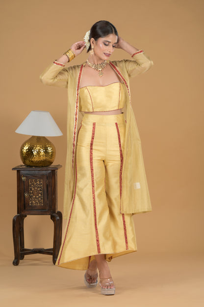 Golden Ethnic Co-ord Set With Tissue Jacket
