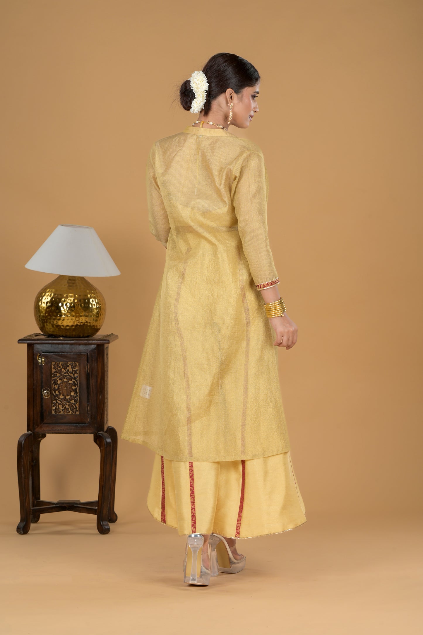 Golden Ethnic Co-ord Set With Tissue Jacket