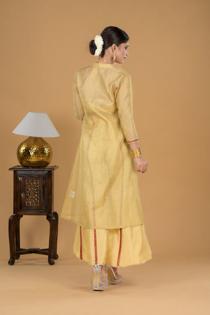 Golden Ethnic Co-ord Set With Tissue Jacket