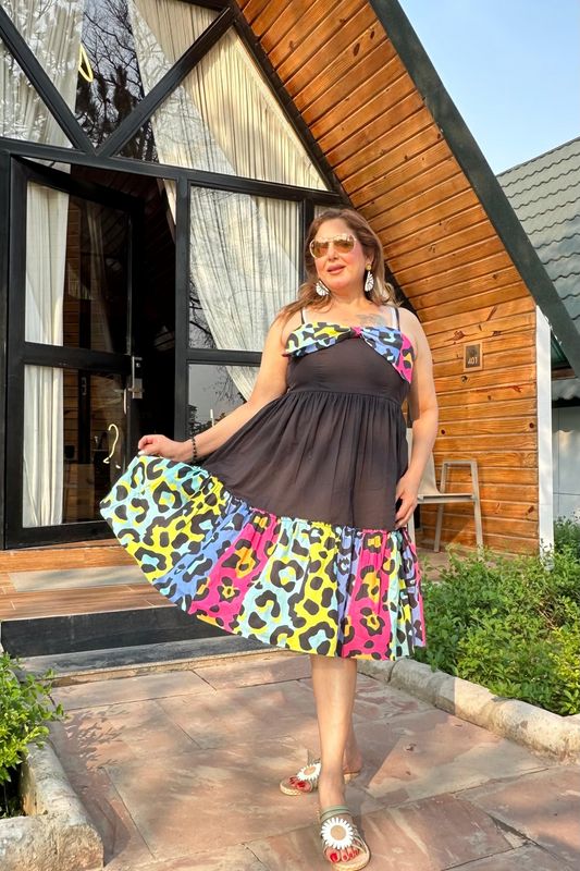 Leopard Bow Charm A-line Sleeveless Tier Dress
